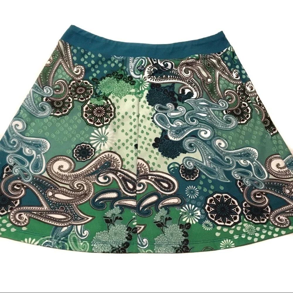 PrAna Paisley Aqua Teal Pull On Skirt Boho Coastal Travel Activewear Size Small